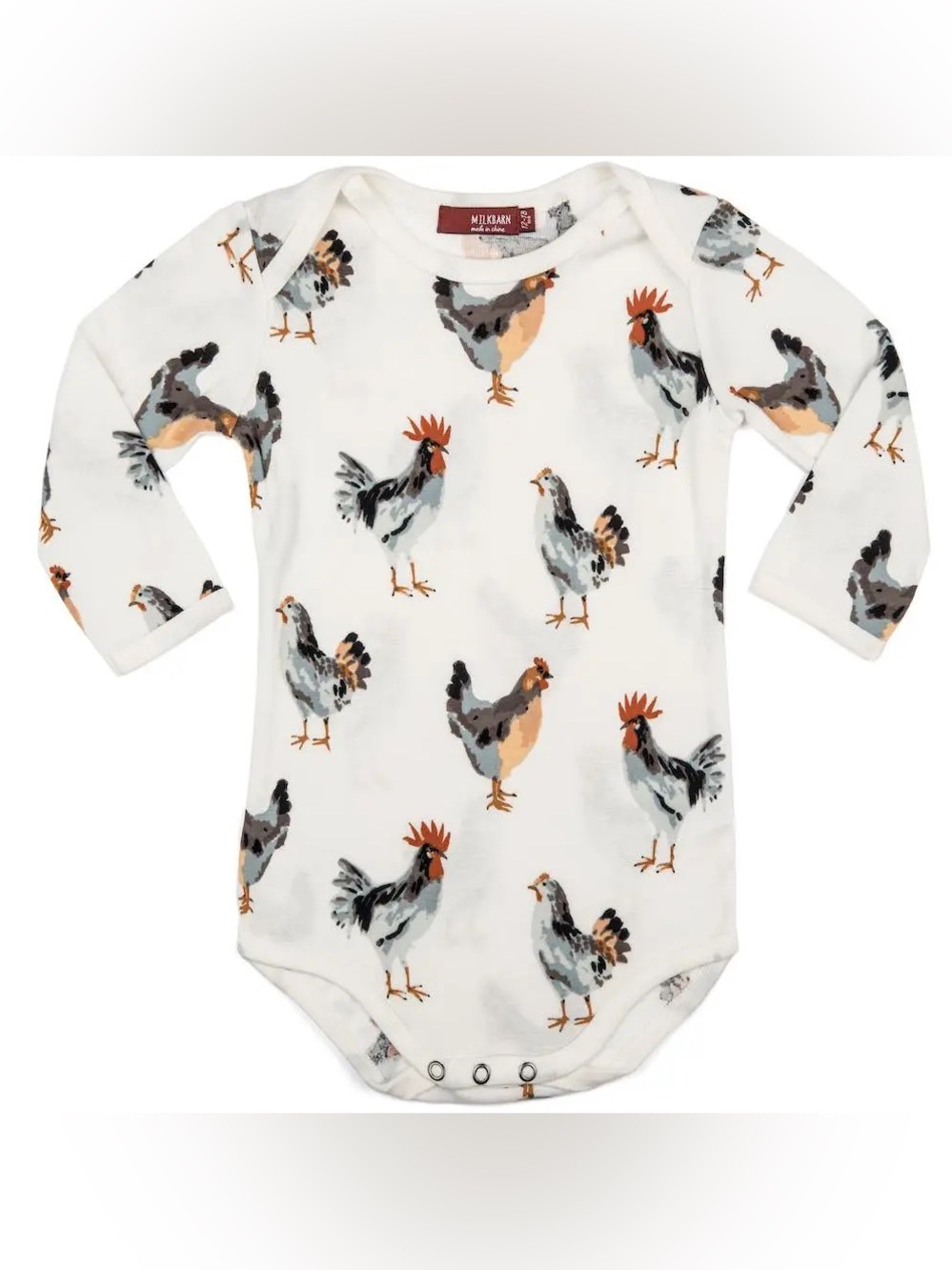Milkbarn white top with maroon label and blue-gray print